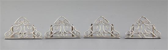 A set of four silver Art Nouveau folding design menu holders, Width 2 ¾” x Height 1 5/8”/42mm Total weight 3oz/84grm